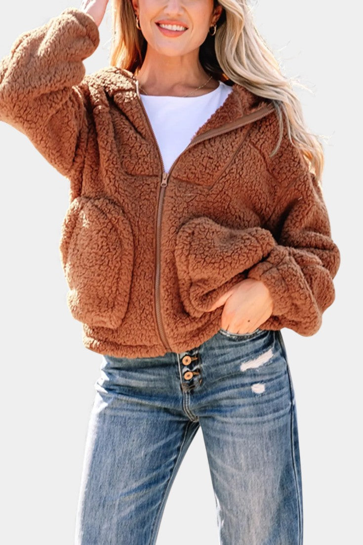 Women's Hooded Teddy Jacket with Zip Fastening
