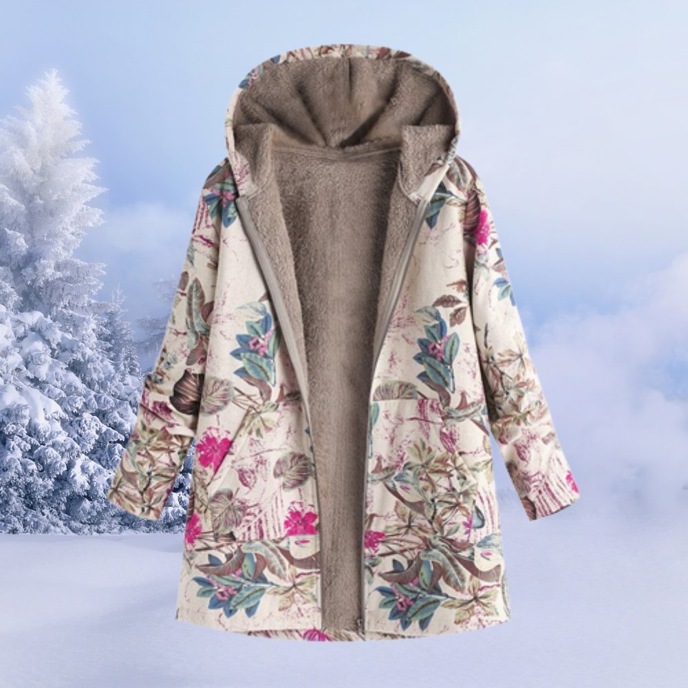 Anne - Cappotto invernale con cappuccio da donna in sherpa floreale