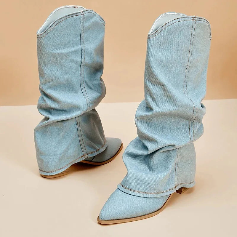 Brittany - Stivali da donna in denim al ginocchio con gambale morbido