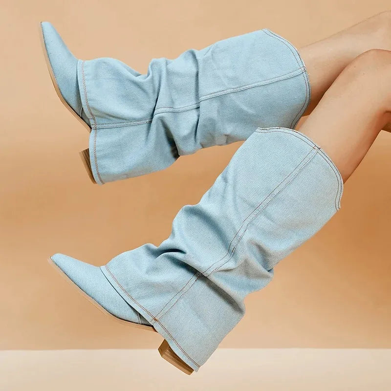 Brittany - Stivali da donna in denim al ginocchio con gambale morbido