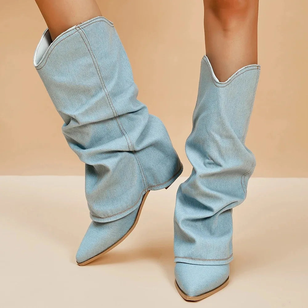 Brittany - Stivali da donna in denim al ginocchio con gambale morbido