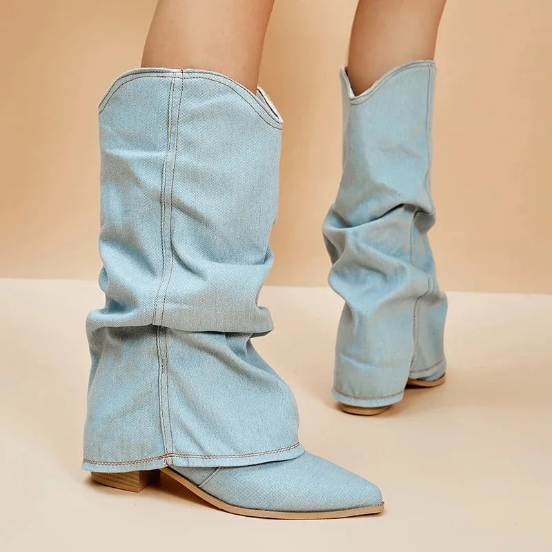 Brittany - Stivali da donna in denim al ginocchio con gambale morbido