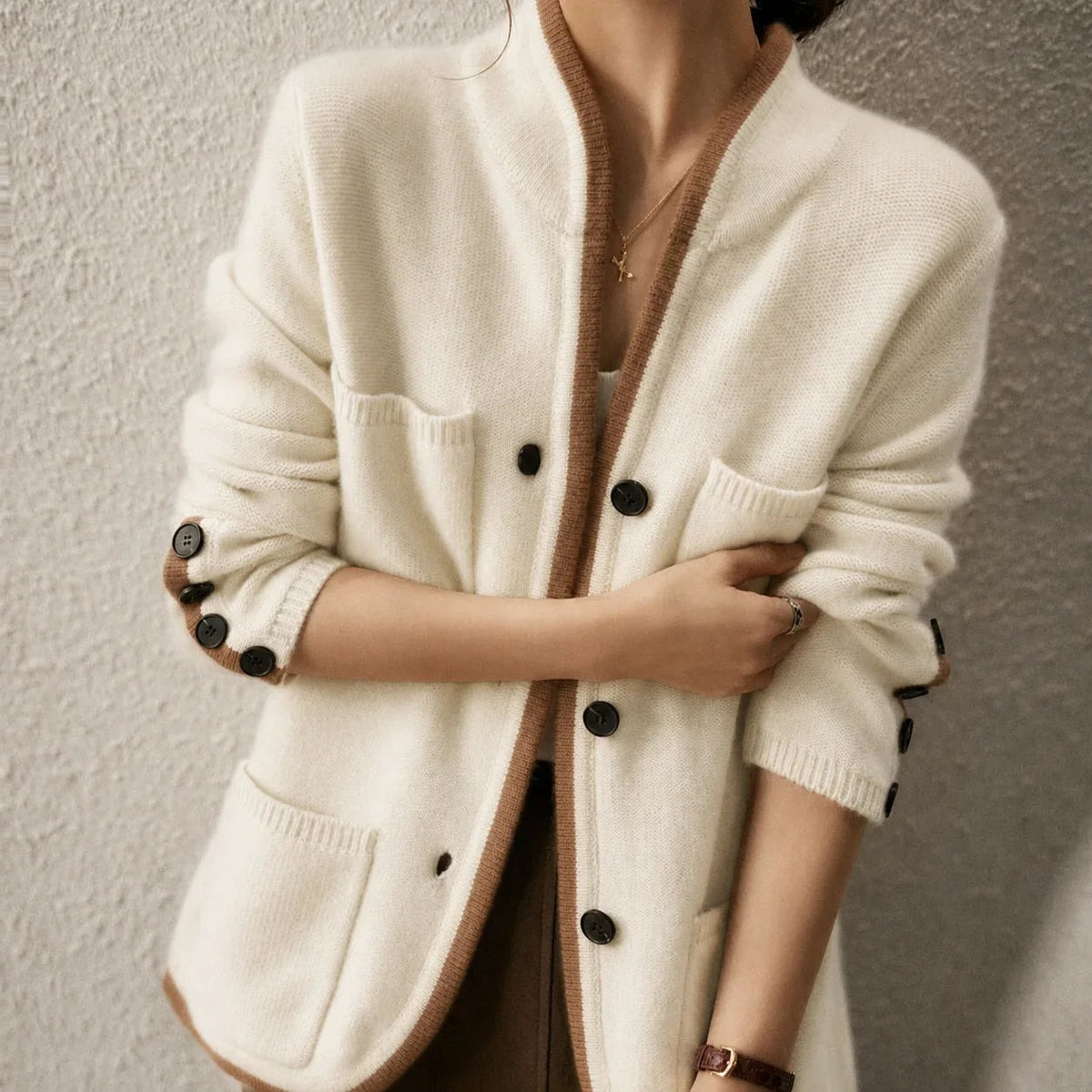Tove - Women's Button-Front Cardigan with Contrast Trim