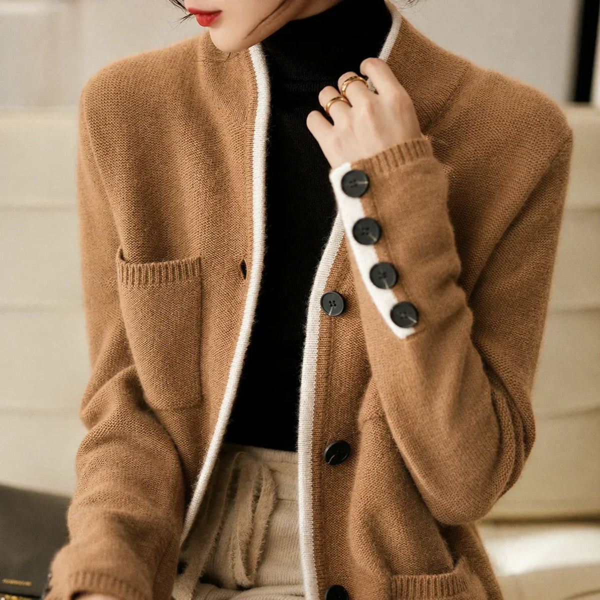 Elvira - Women's Button-Front Cardigan with Contrast Trim