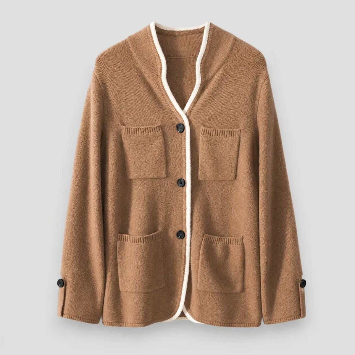 Tove - Women's Button-Front Cardigan with Contrast Trim