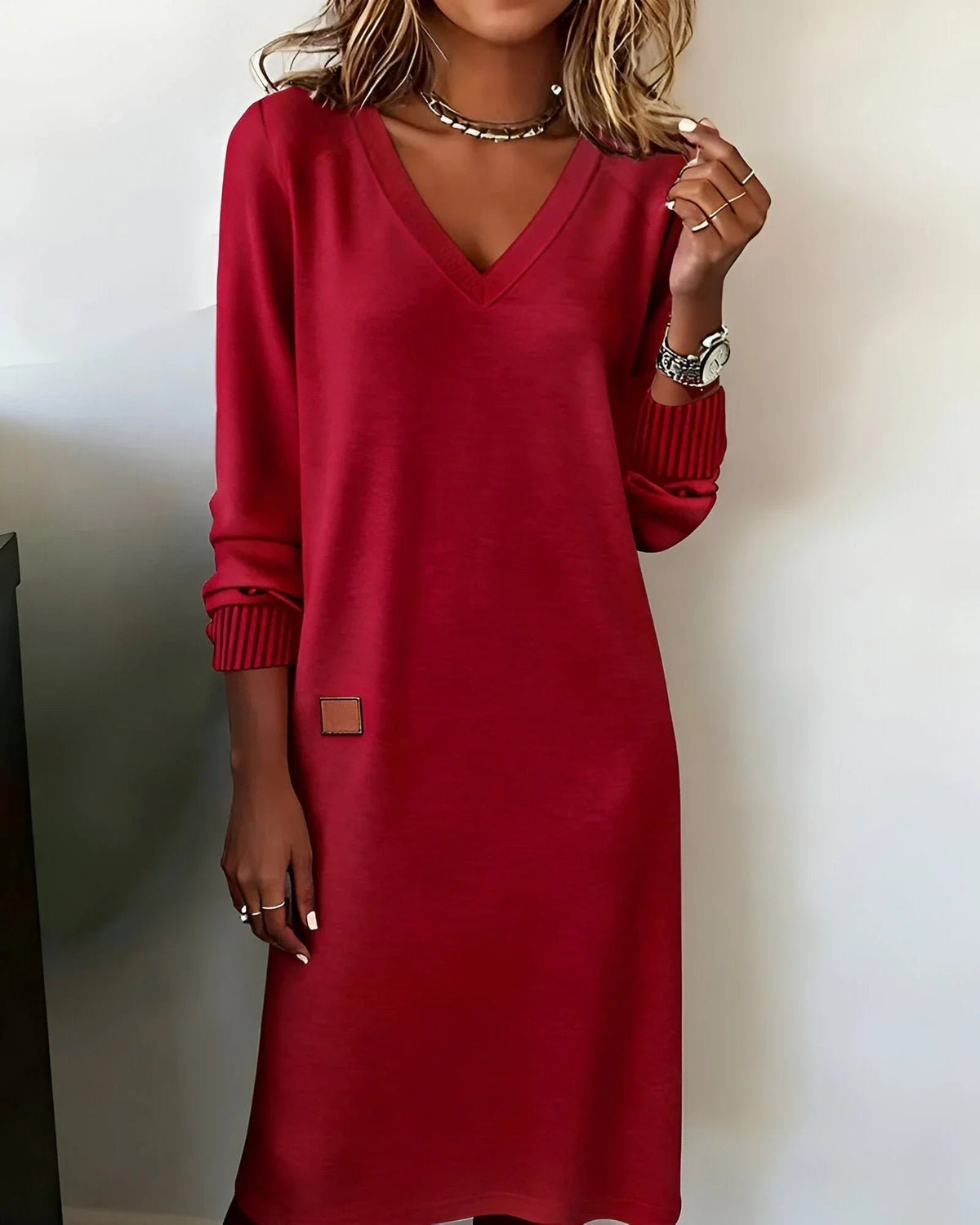 Rosalyn - Women's Knit Midi Dress with V-Neck