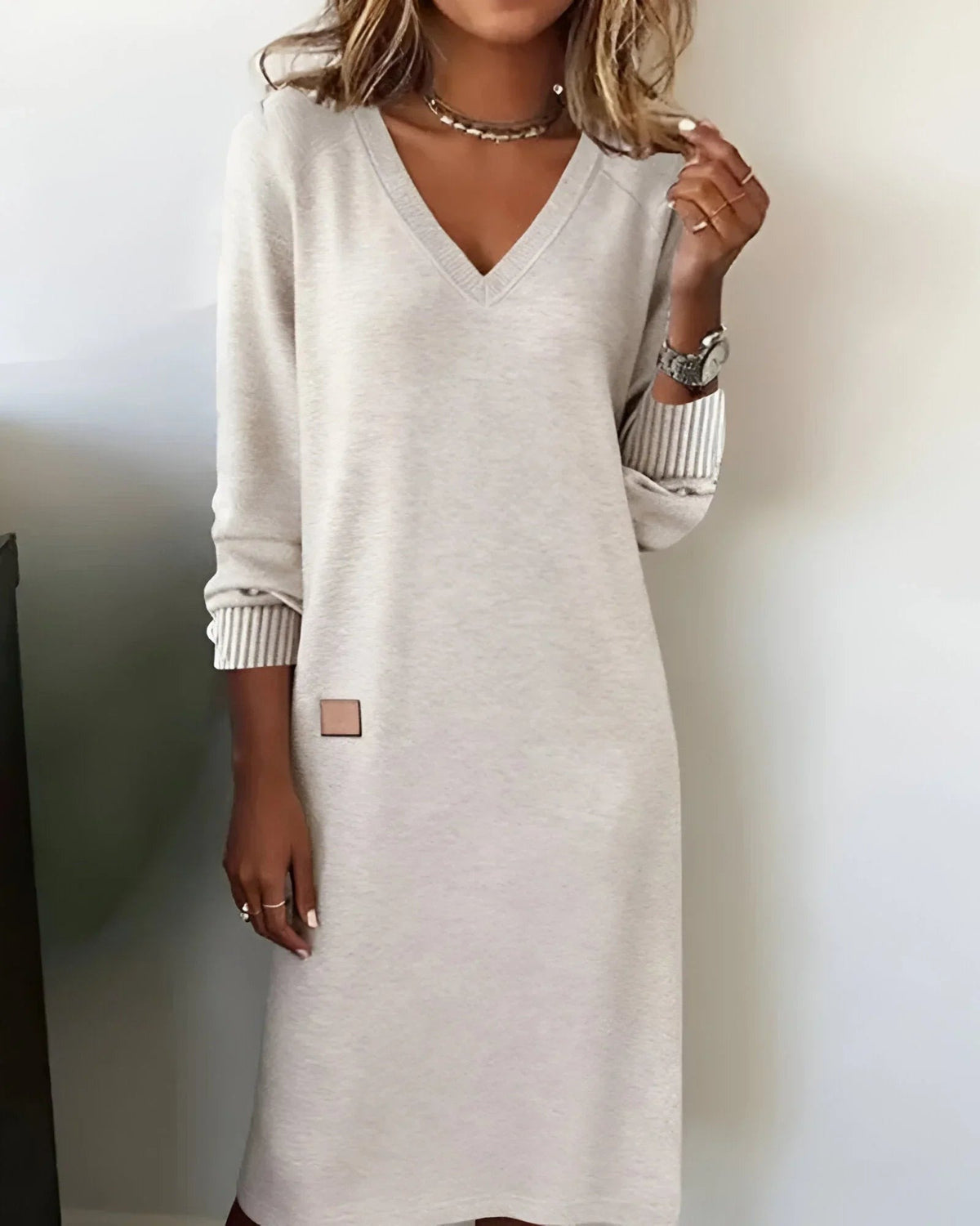 Rosalyn - Women's Knit Midi Dress with V-Neck