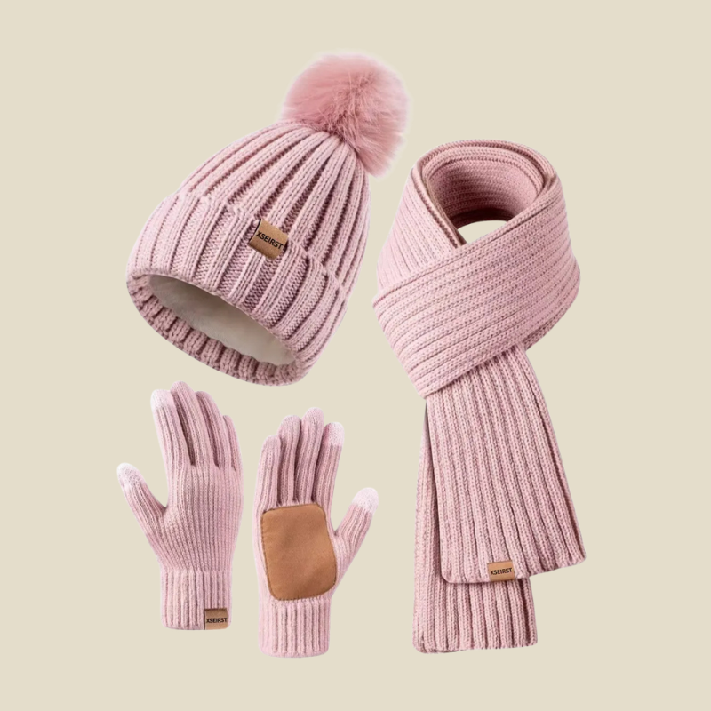 Women's Knit Pom-Pom Beanie Scarf and Gloves Set - Pink