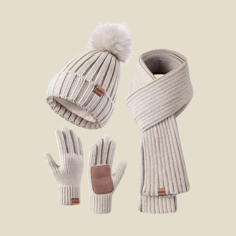Women's Knit Pom-Pom Beanie Scarf and Gloves Set - Beige