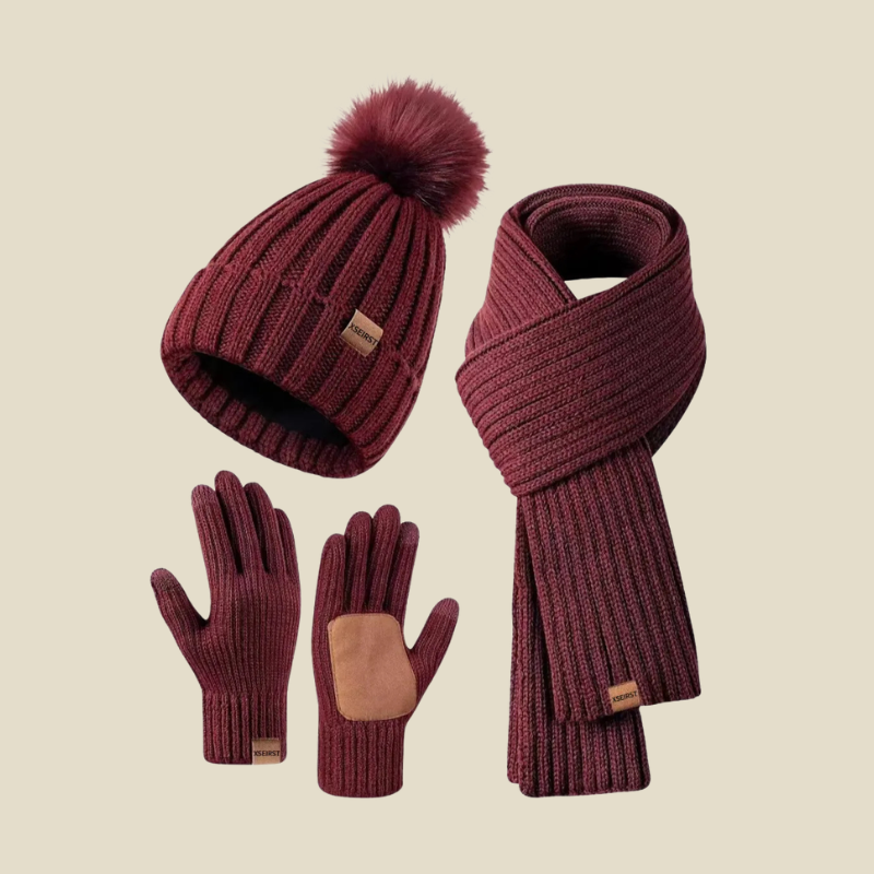 Women's Knit Pom-Pom Beanie Scarf and Gloves Set - Wine Red