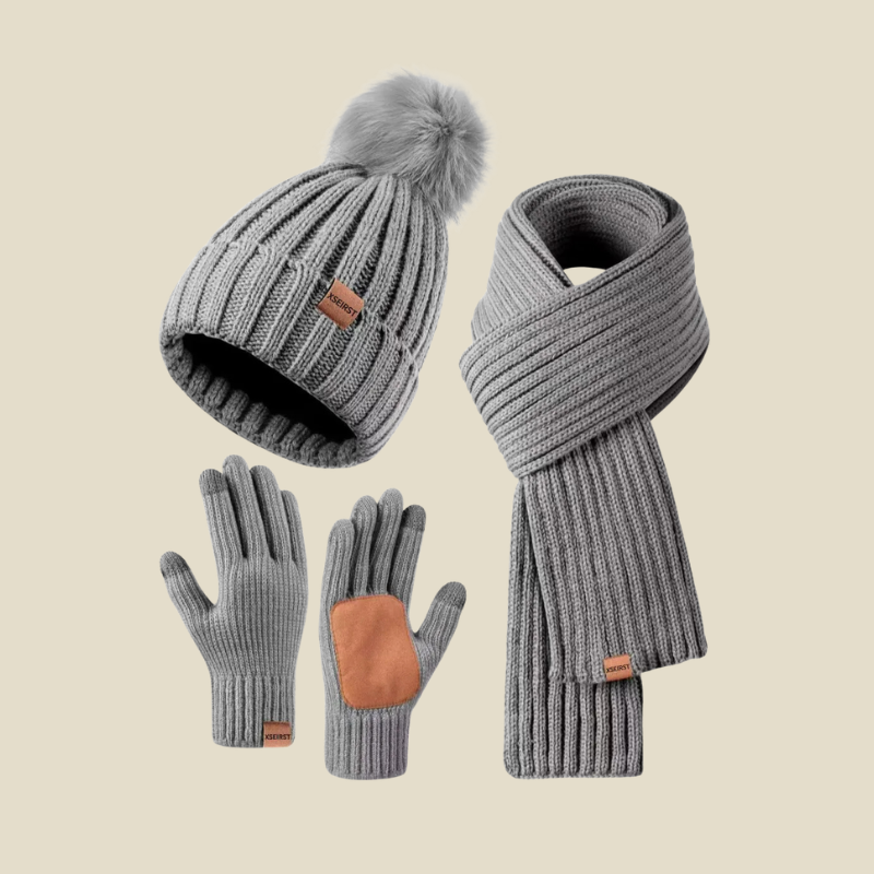 Women's Knit Pom-Pom Beanie Scarf and Gloves Set - Grey
