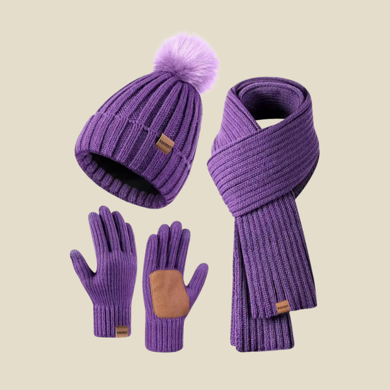 Women's Knit Pom-Pom Beanie Scarf and Gloves Set - Purple