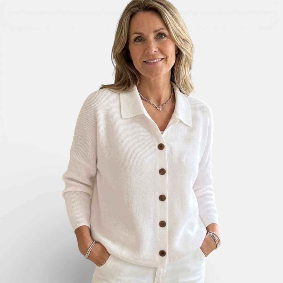 Women's Knitted Polo Blouse with Button Placket