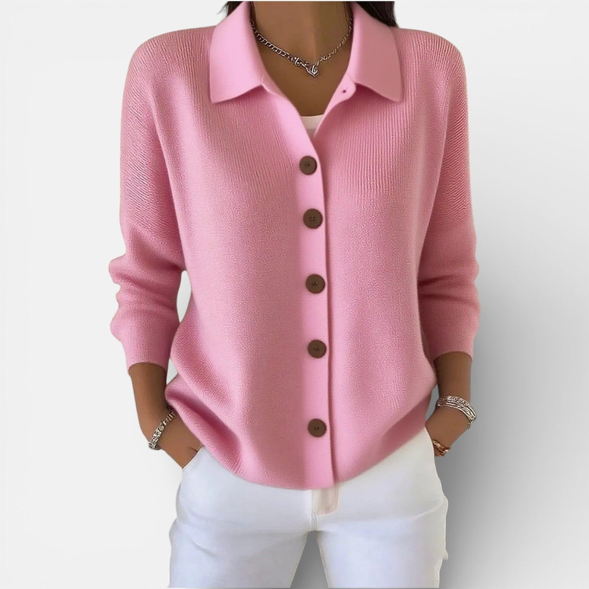 Women's Knitted Polo Blouse with Button Placket - Pink