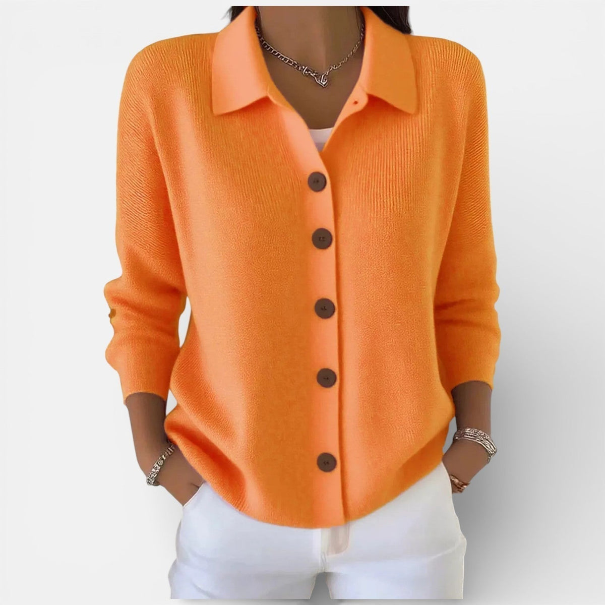 Women's Knitted Polo Blouse with Button Placket - Orange Red