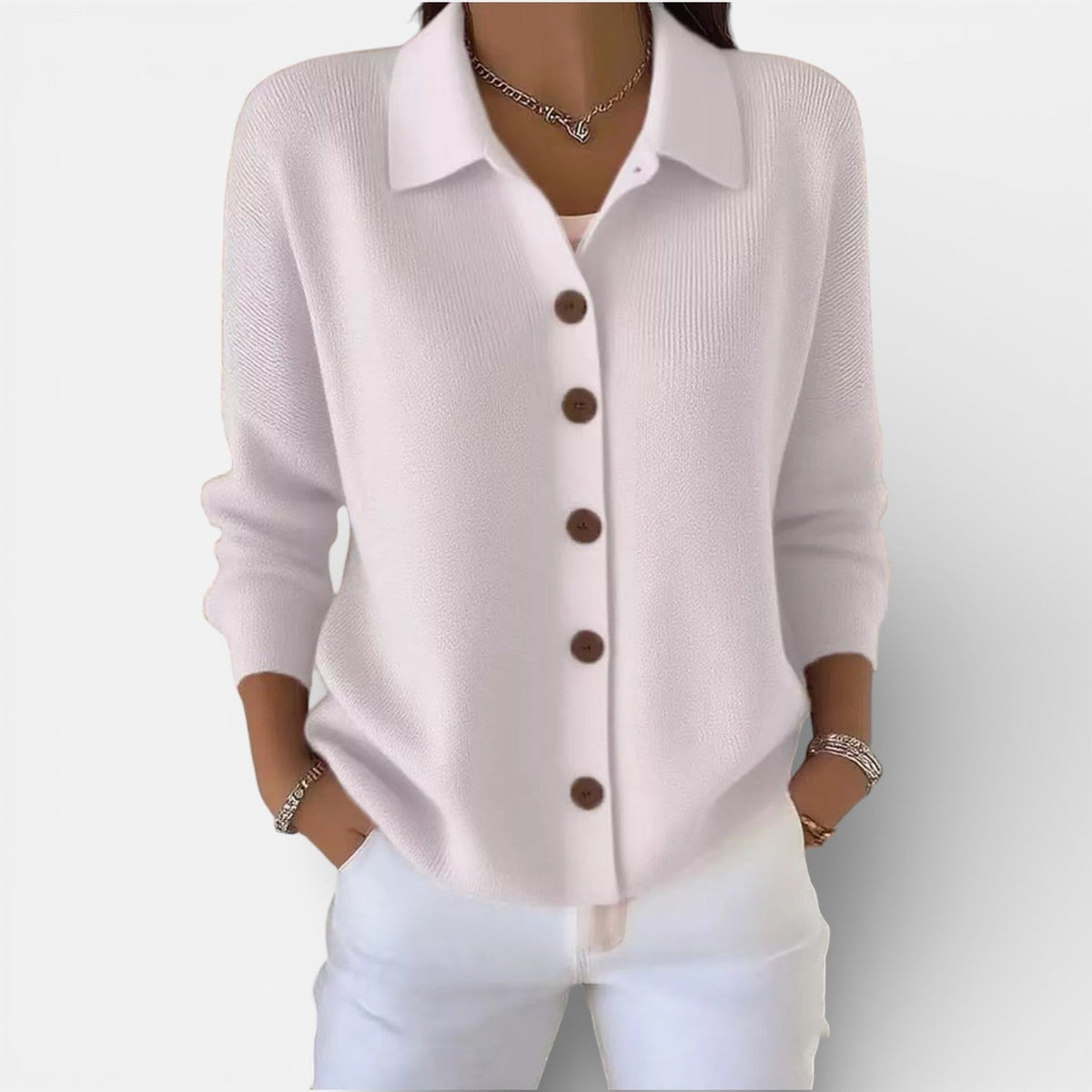Women's Knitted Polo Blouse with Button Placket - Grey