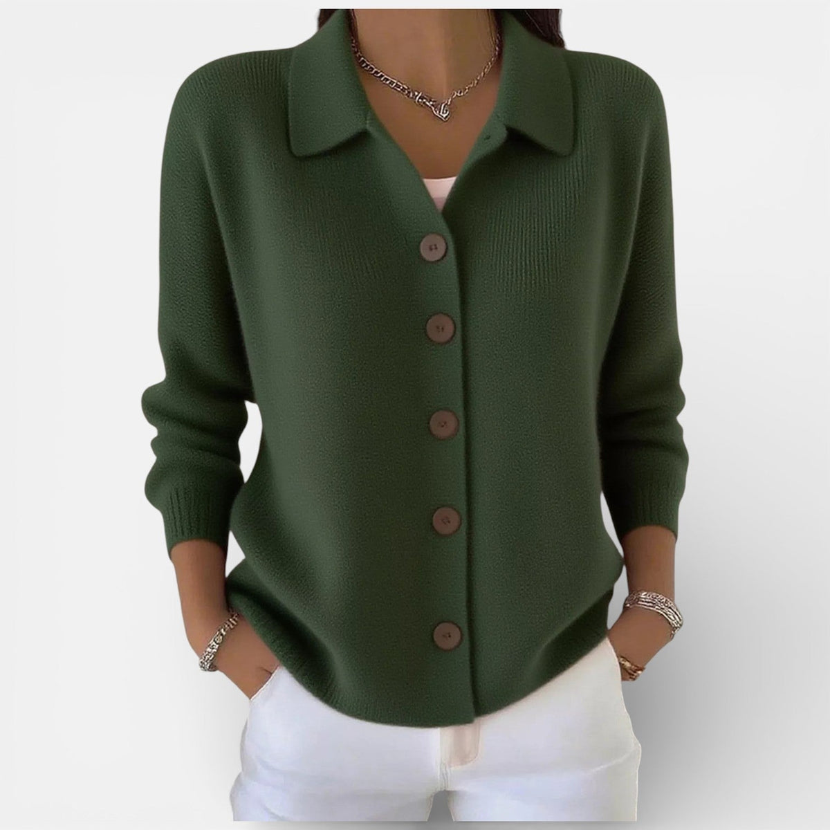 Women's Knitted Polo Blouse with Button Placket - Army Green