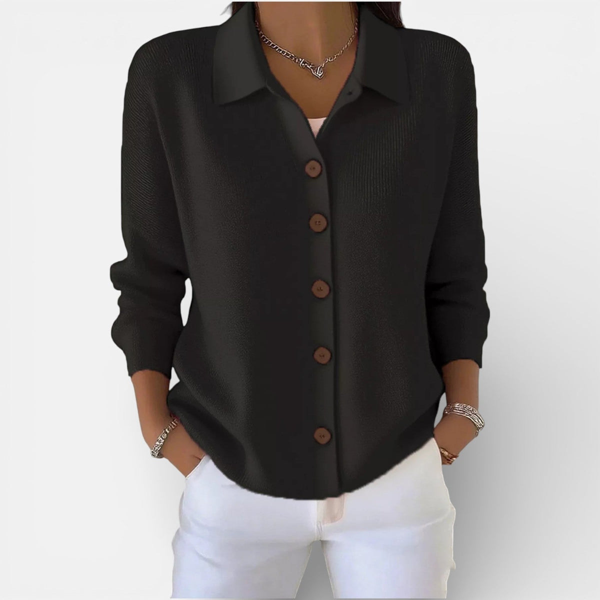 Women's Knitted Polo Blouse with Button Placket - Black