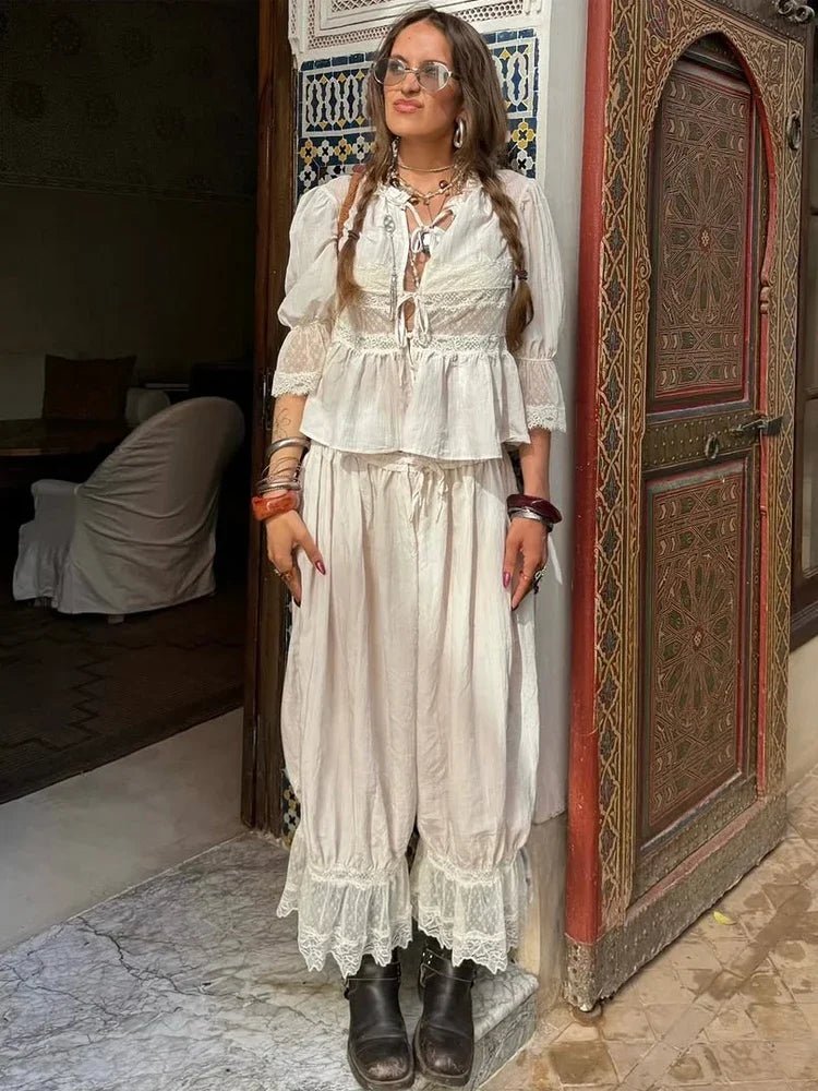Kate – Set din dantelă pentru femei, din două piese, cu mâneci tip lanternă