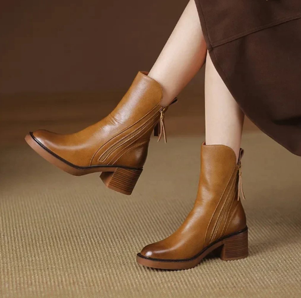 Women's Leather Block Heel Zip-Up Ankle Boots