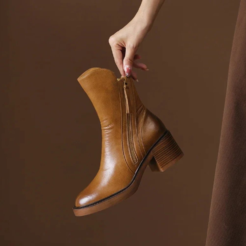 Women's Leather Block Heel Zip-Up Ankle Boots