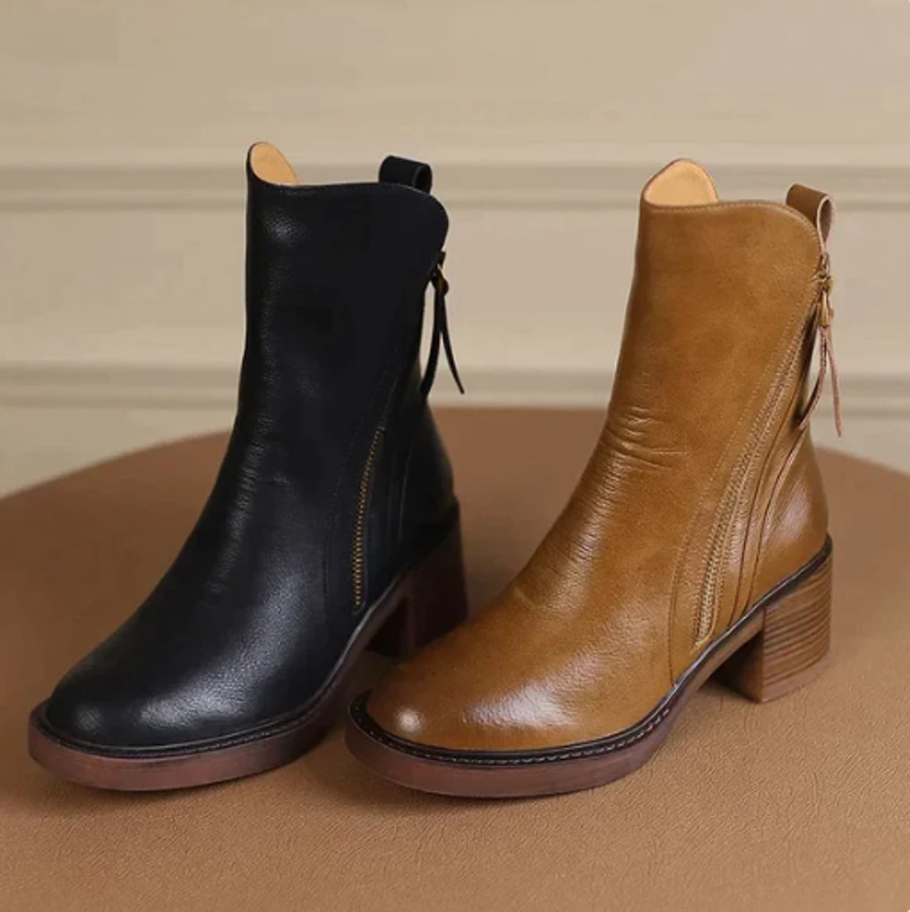 Women's Leather Block Heel Zip-Up Ankle Boots
