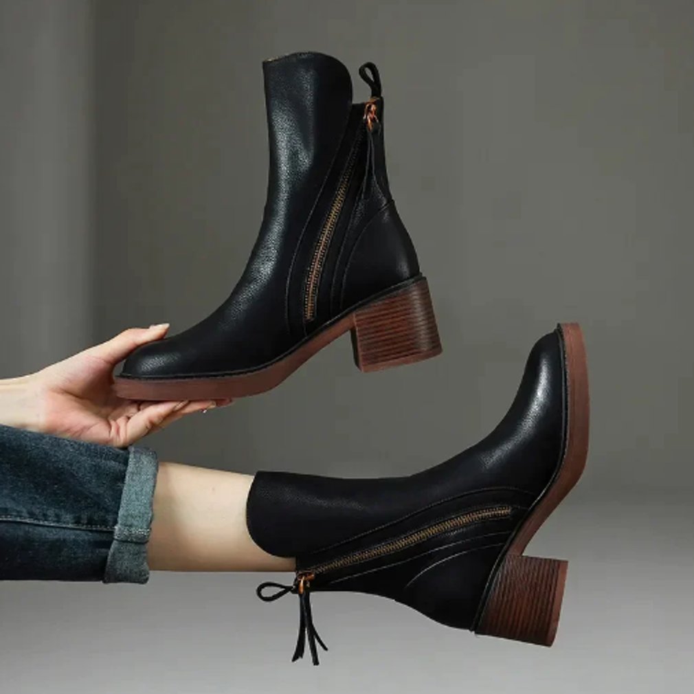 Women's Leather Block Heel Zip-Up Ankle Boots