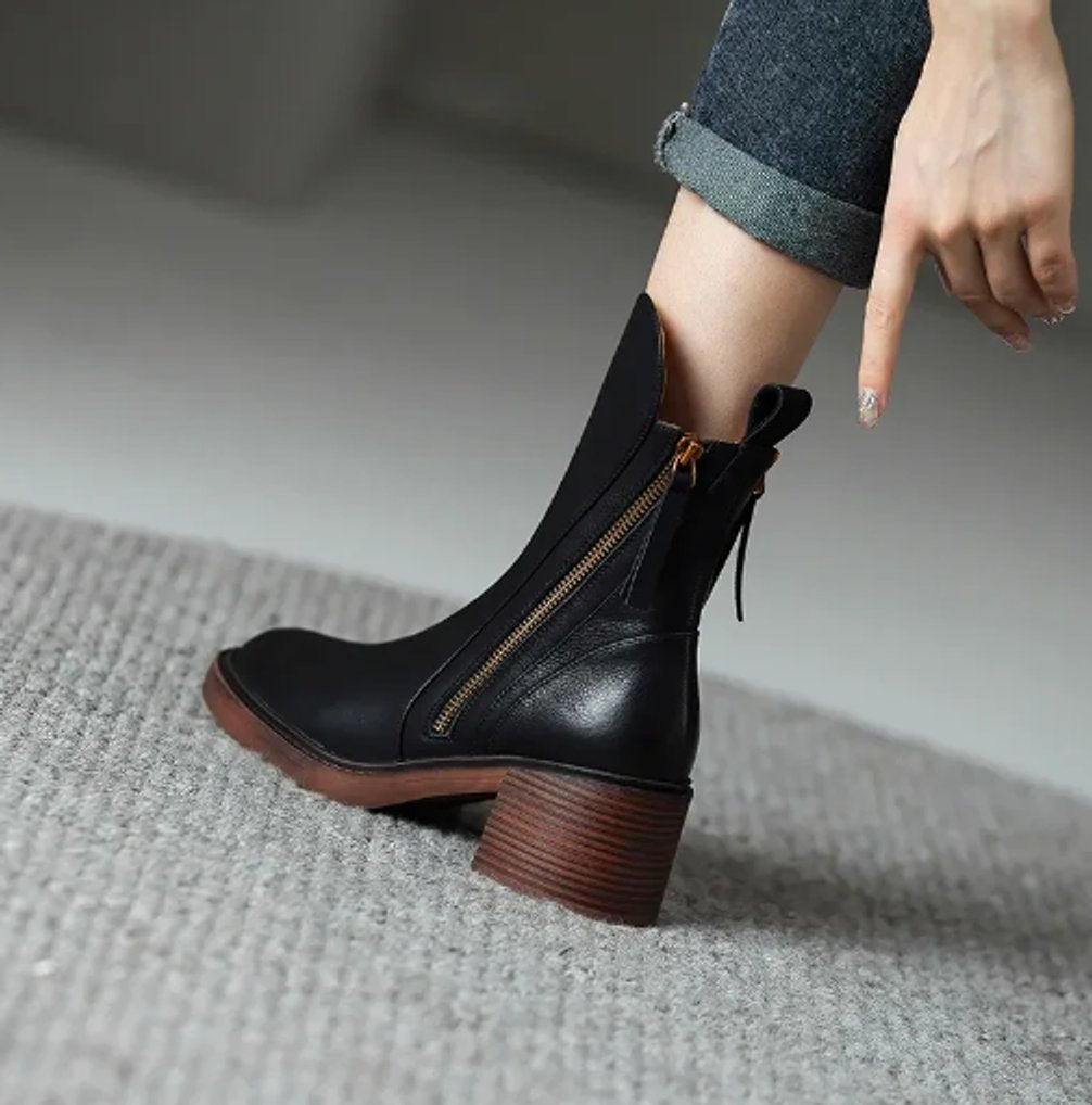 Women's Leather Block Heel Zip-Up Ankle Boots