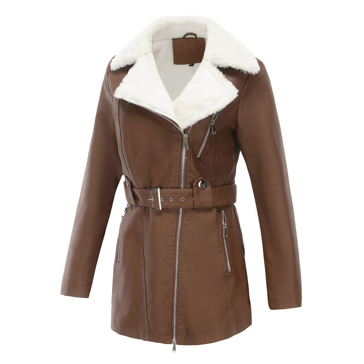 Wendy - Cappotto invernale da donna effetto pelle con colletto in peluche