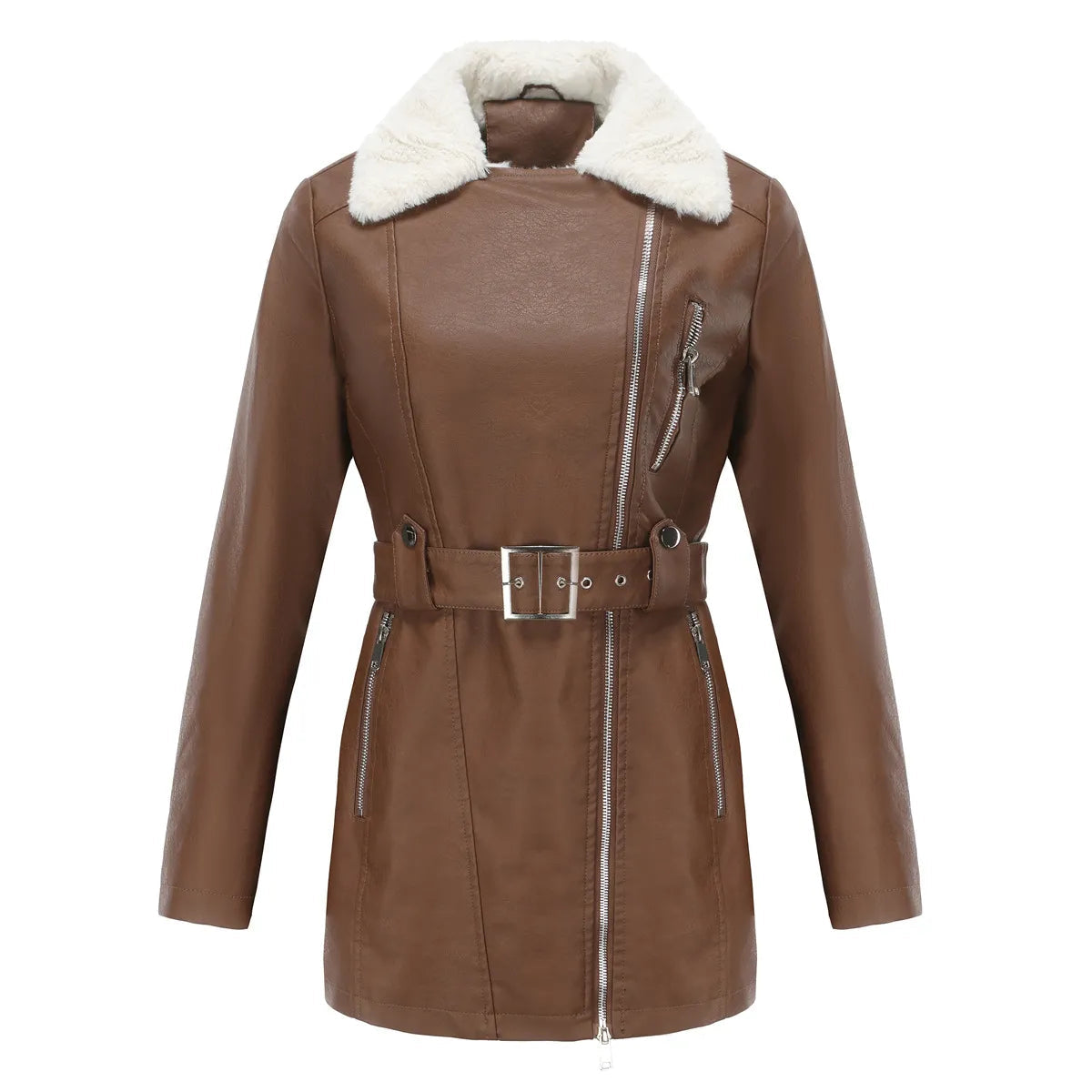 Wendy - Cappotto invernale da donna effetto pelle con colletto in peluche