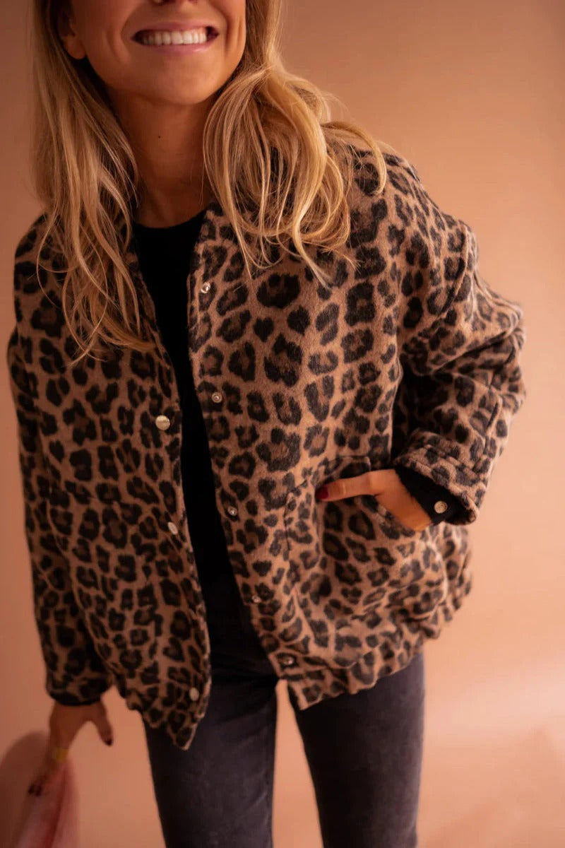 Women's Leopard Print Bomber Jacket with Press Studs - photo 1