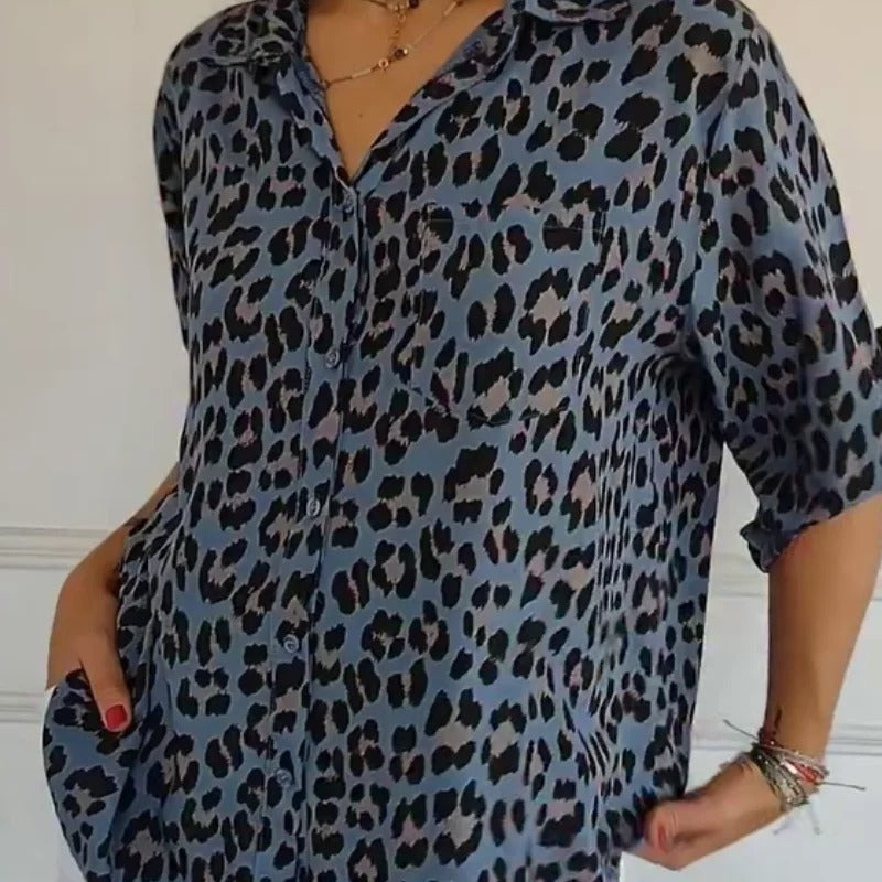 Delyth - Women's Leopard Print Blouse with Rolled Sleeves