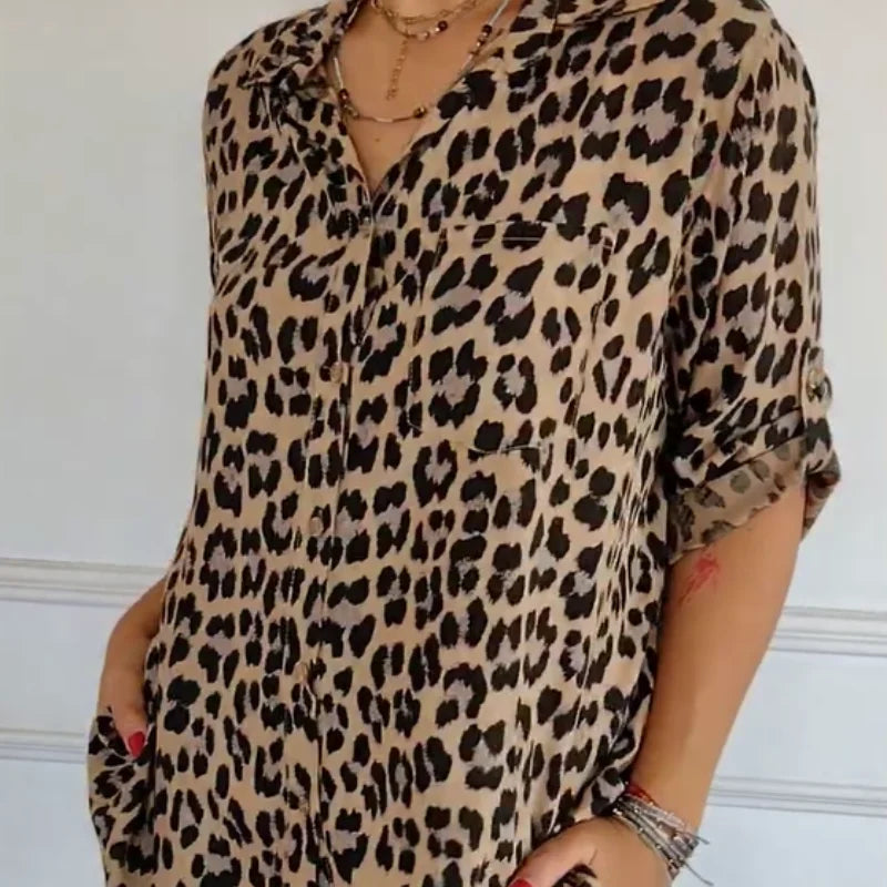 Delyth - Women's Leopard Print Blouse with Rolled Sleeves