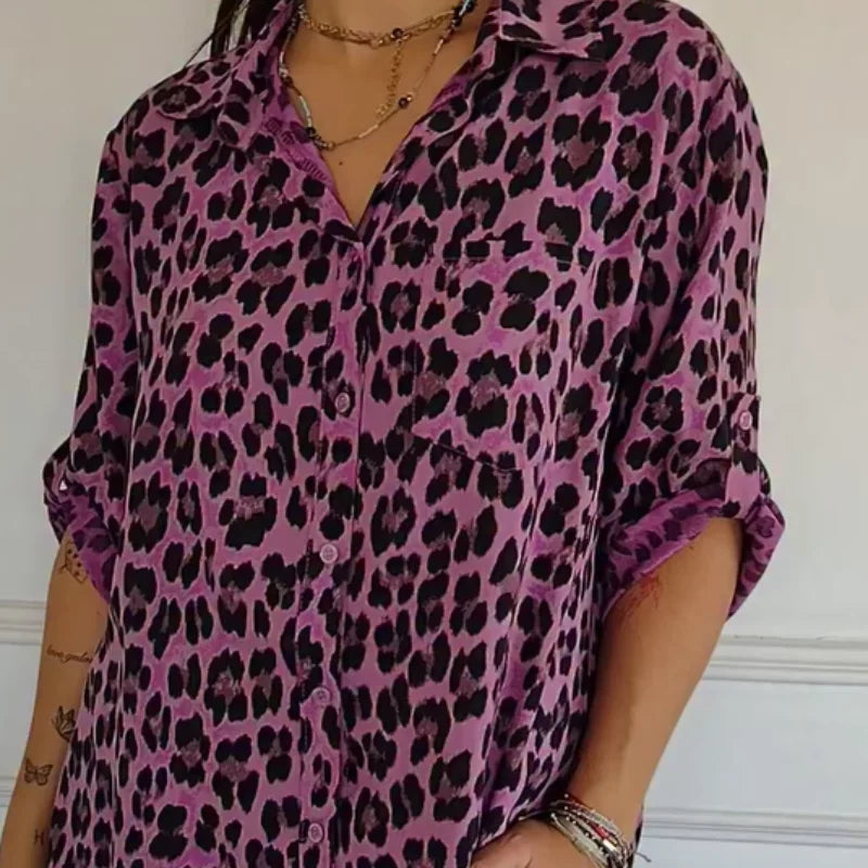 Delyth - Women's Leopard Print Blouse with Rolled Sleeves