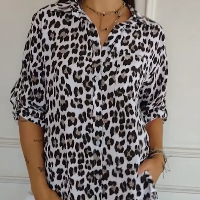 Delyth - Women's Leopard Print Blouse with Rolled Sleeves