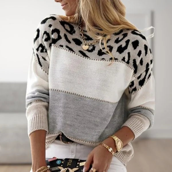 Adelia - Women's Colour-Block Jumper with Animal Print Panel