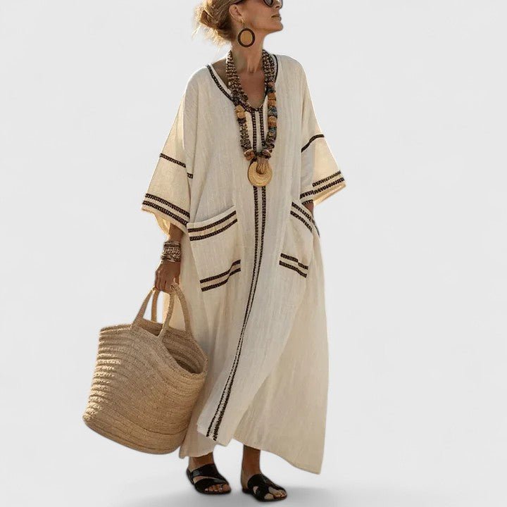 Camila - Abito lungo in lino da donna con scollo a V e maniche a 3/4 a righe