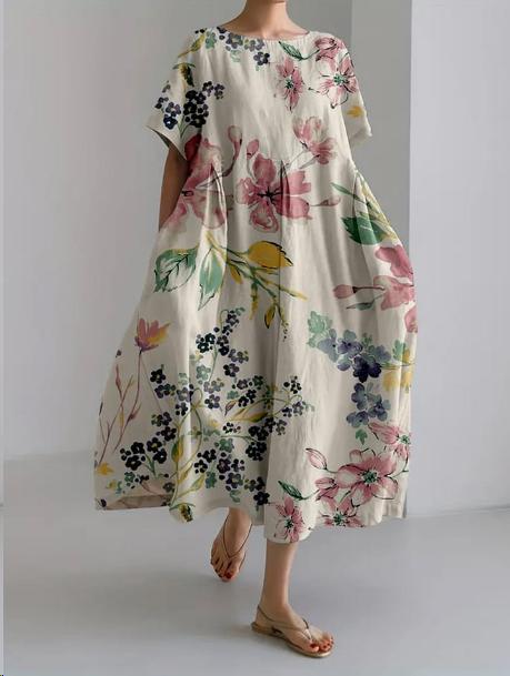Women's Long Floral Dress in Breathable Cotton Linen - photo 1