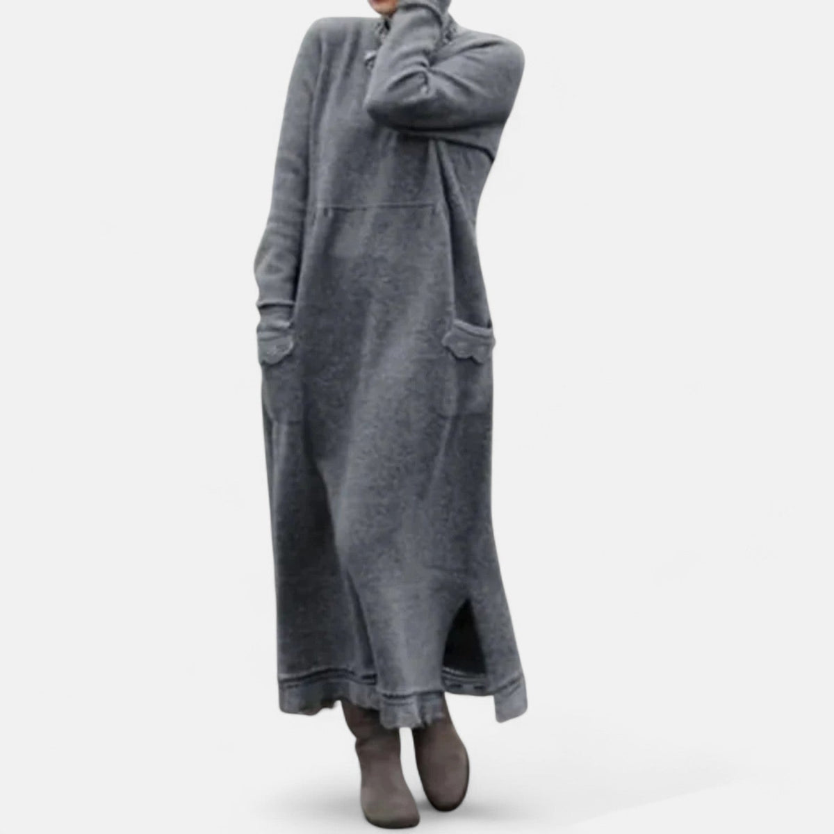 Women's Long Knitted Dress with Stand Collar and Pockets - Light Grey