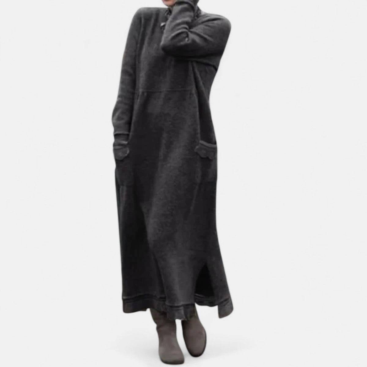Women's Long Knitted Dress with Stand Collar and Pockets - Dark Grey