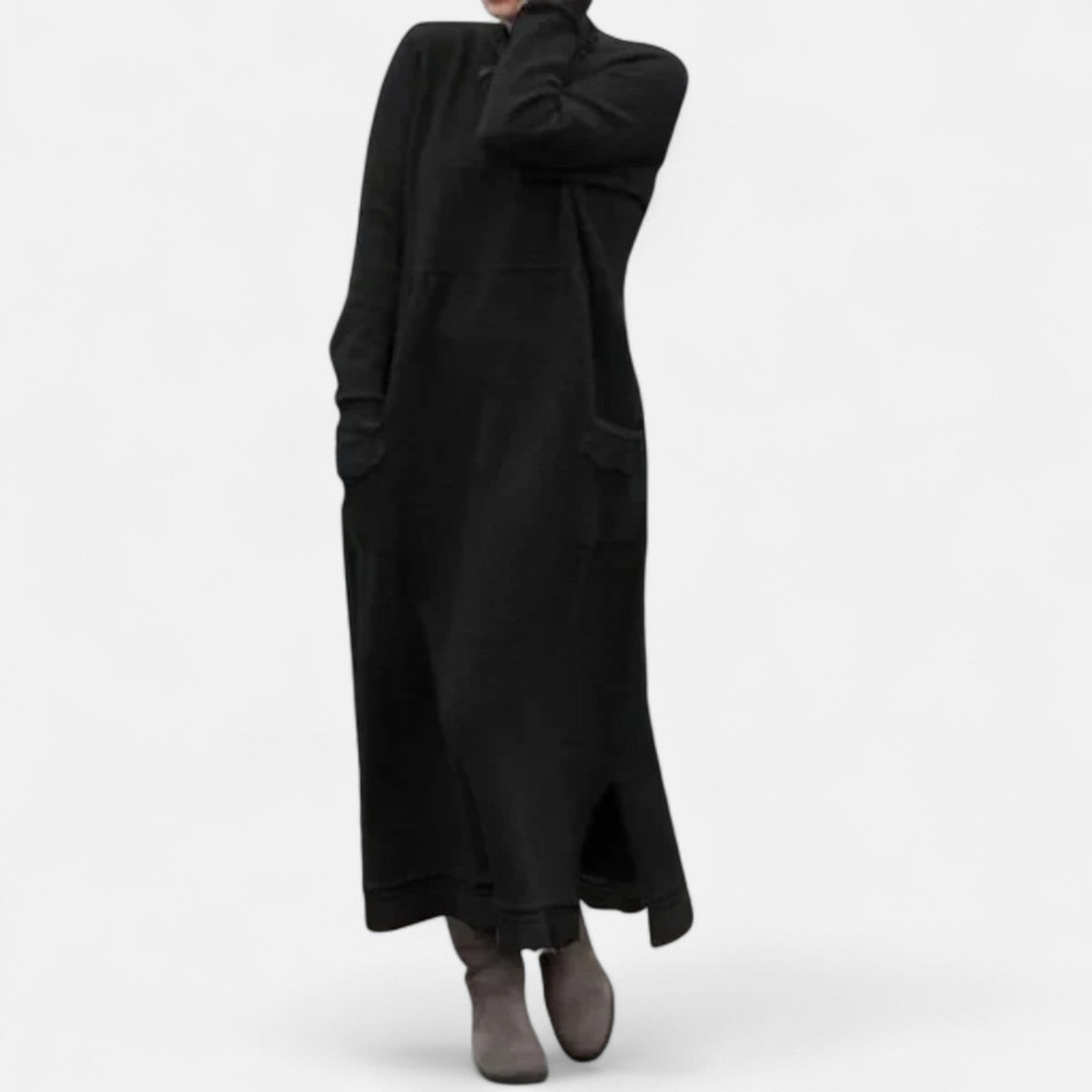 Women's Long Knitted Dress with Stand Collar and Pockets - Black