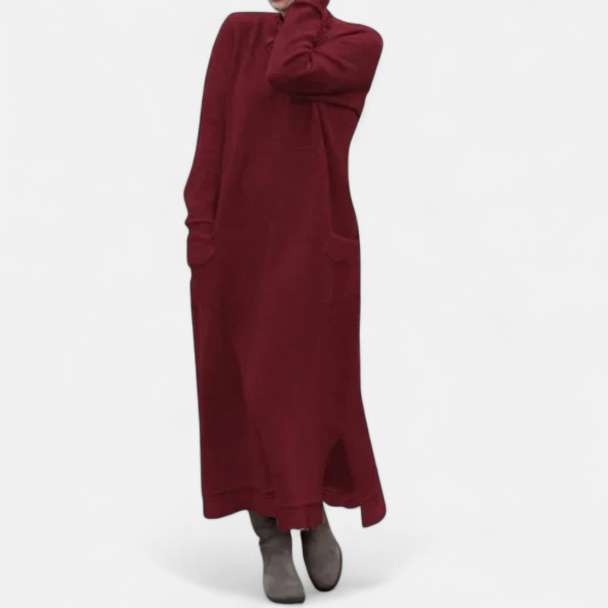 Women's Long Knitted Dress with Stand Collar and Pockets - Red