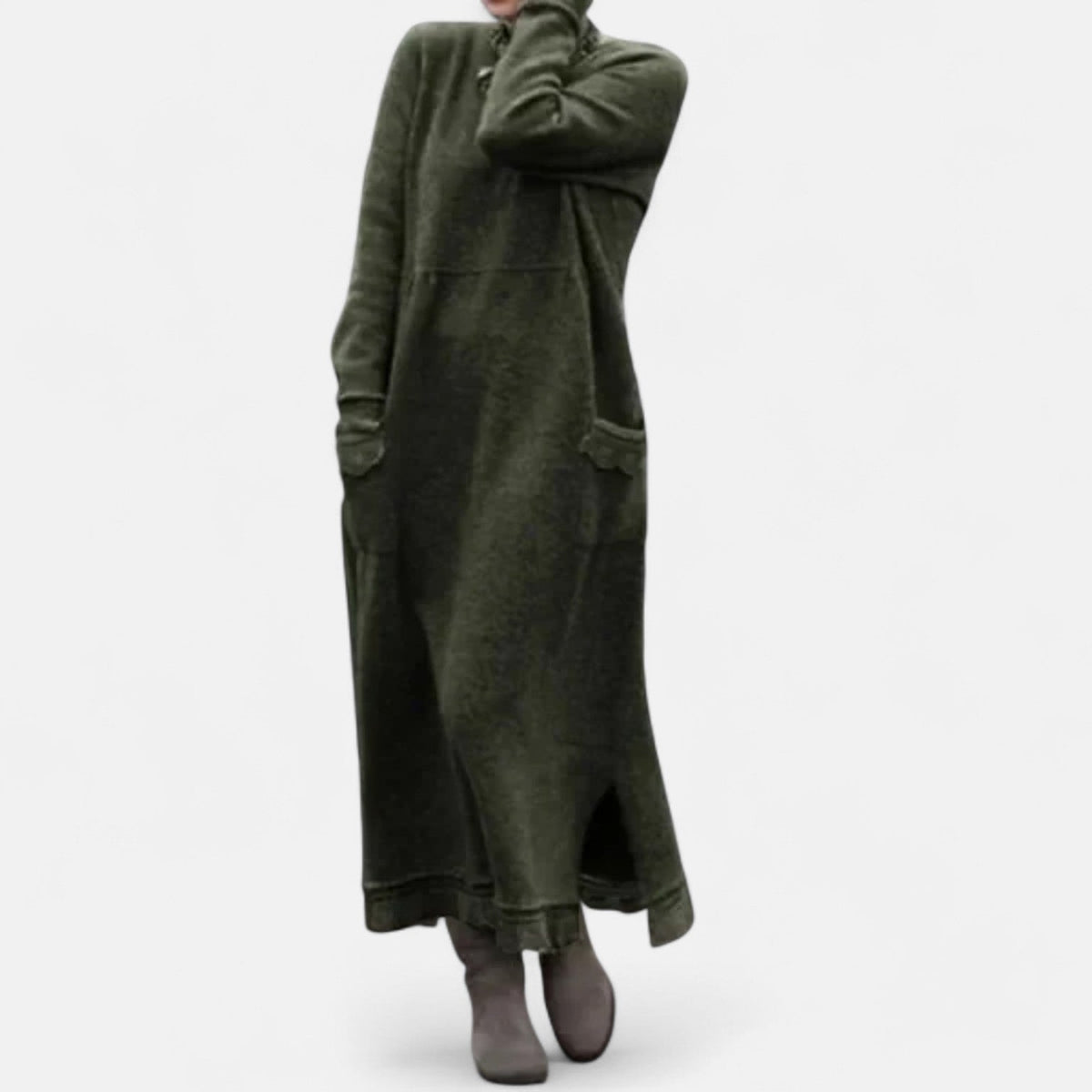Women's Long Knitted Dress with Stand Collar and Pockets - Army Green