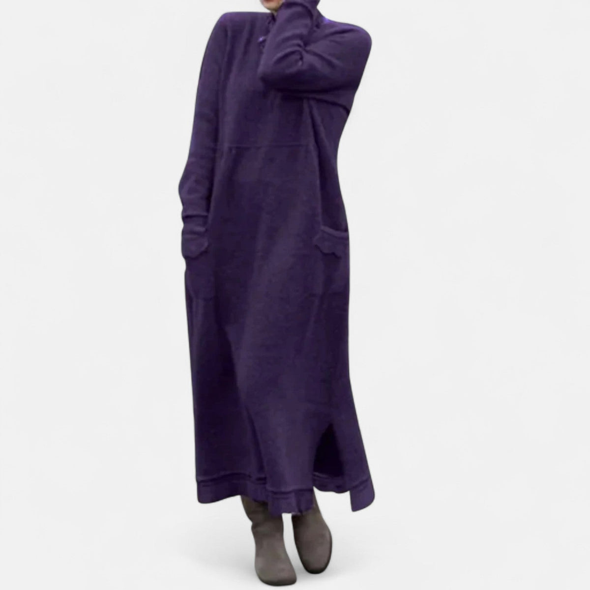 Women's Long Knitted Dress with Stand Collar and Pockets - Lilac