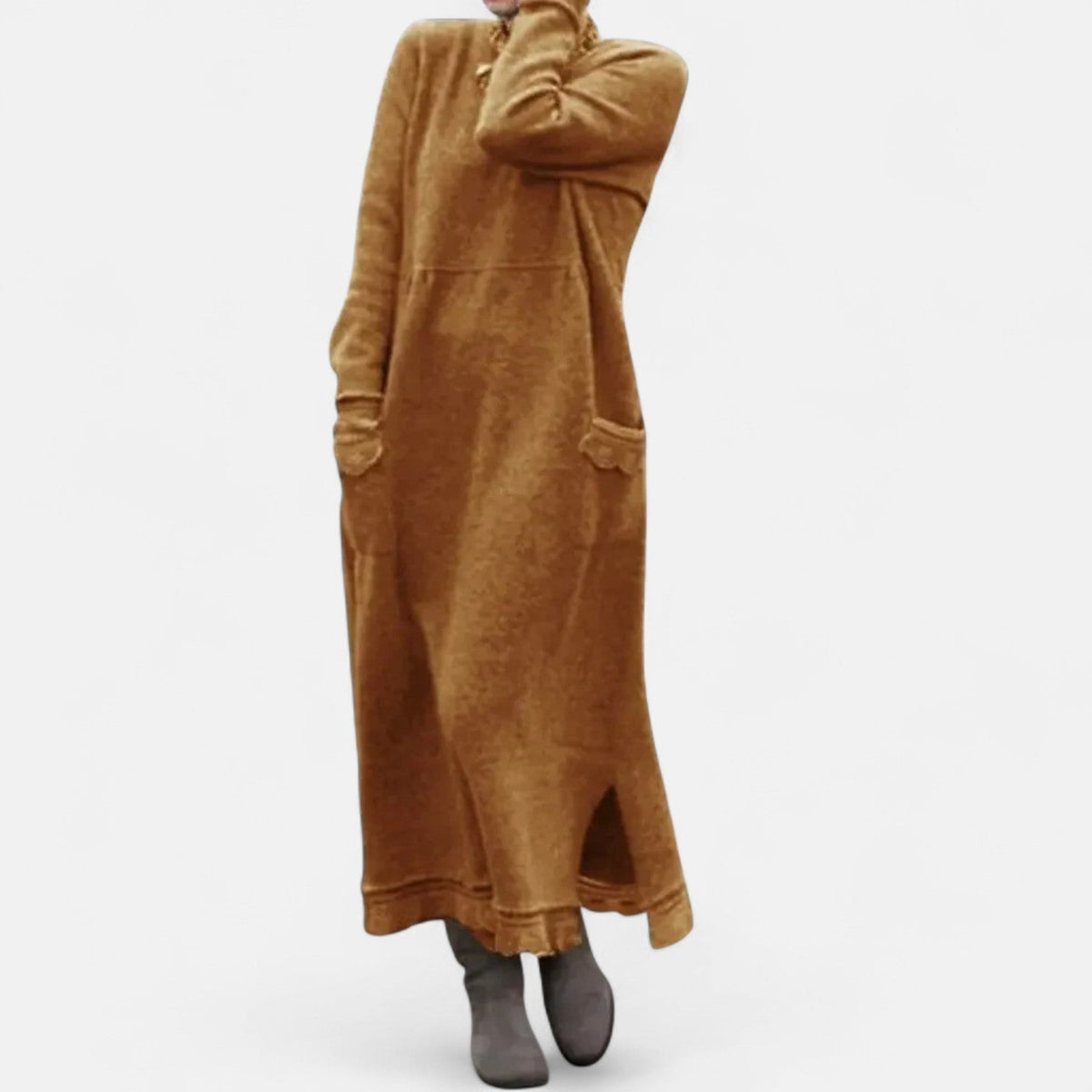 Women's Long Knitted Dress with Stand Collar and Pockets - Orange
