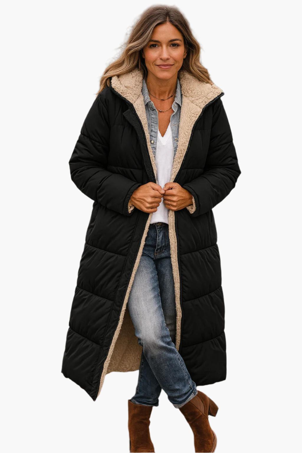 Sally - Women's Long Quilted Winter Coat with Teddy Hood