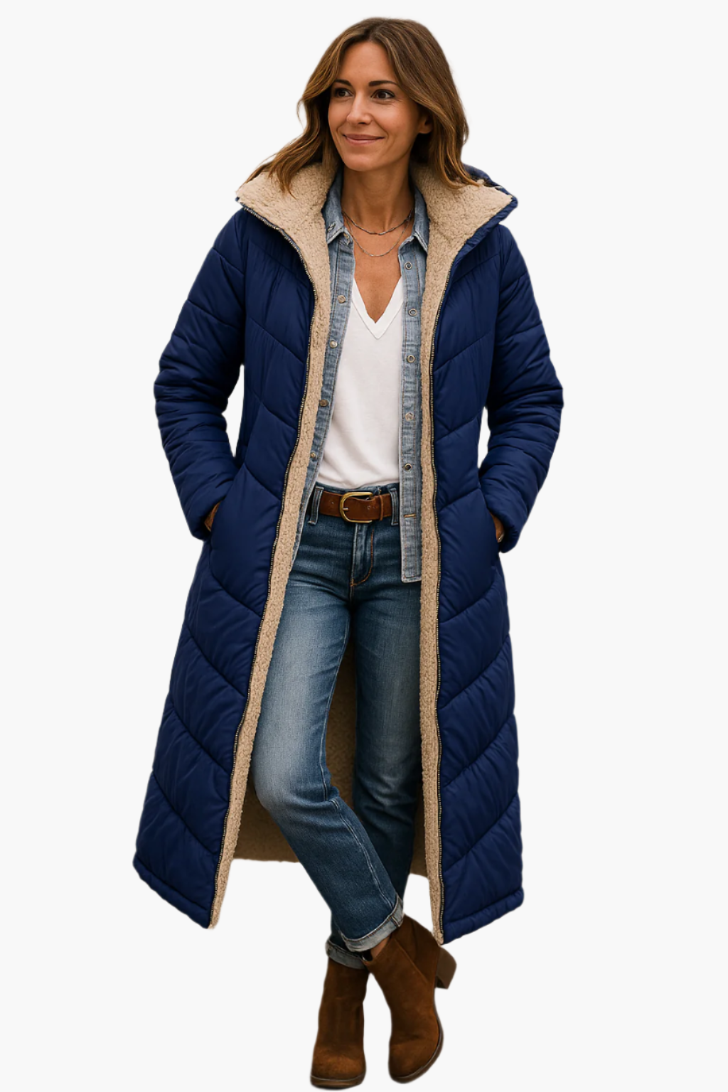 Sally - Women's Long Quilted Winter Coat with Teddy Hood