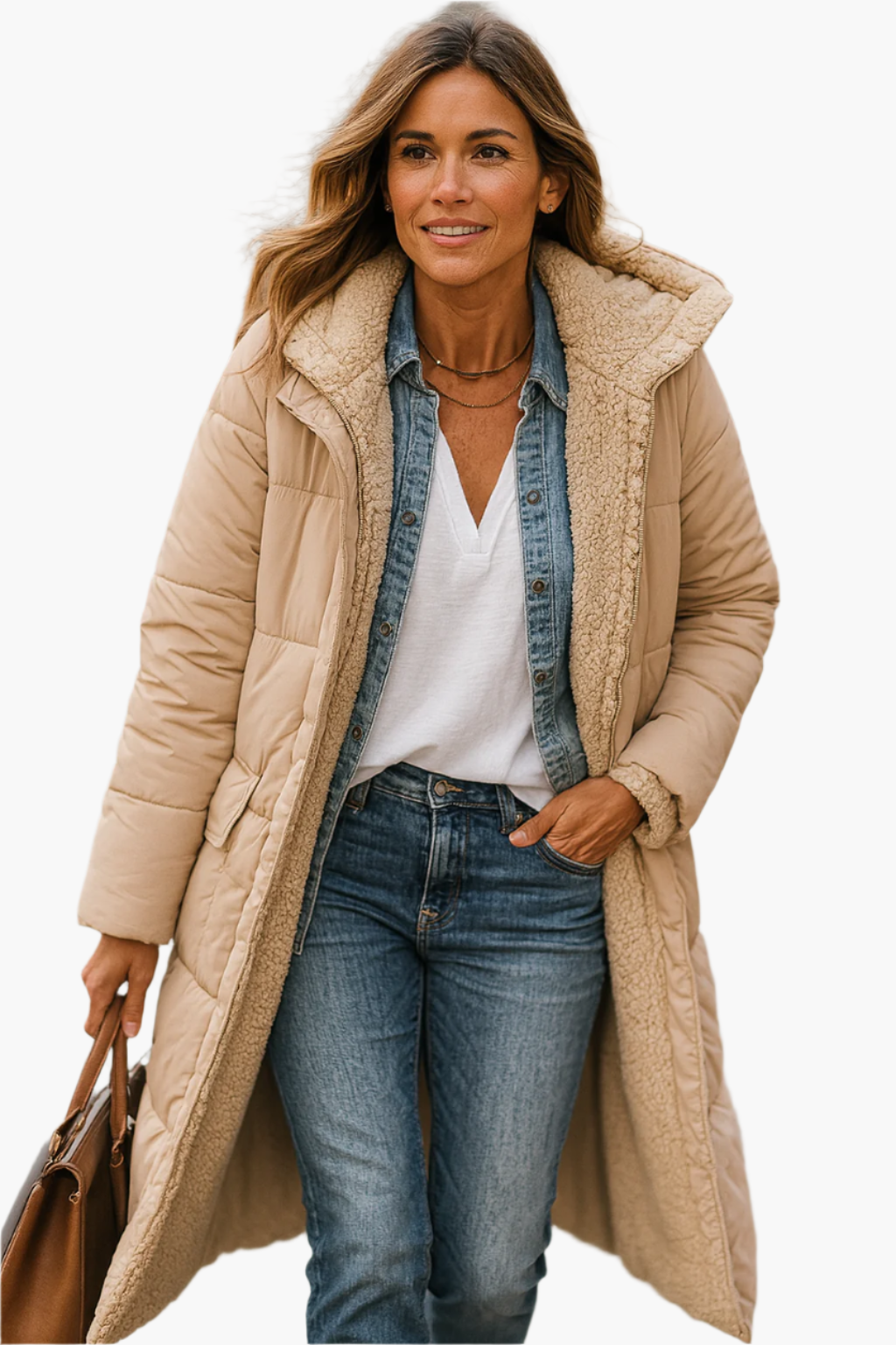 Sally - Women's Long Quilted Winter Coat with Teddy Hood