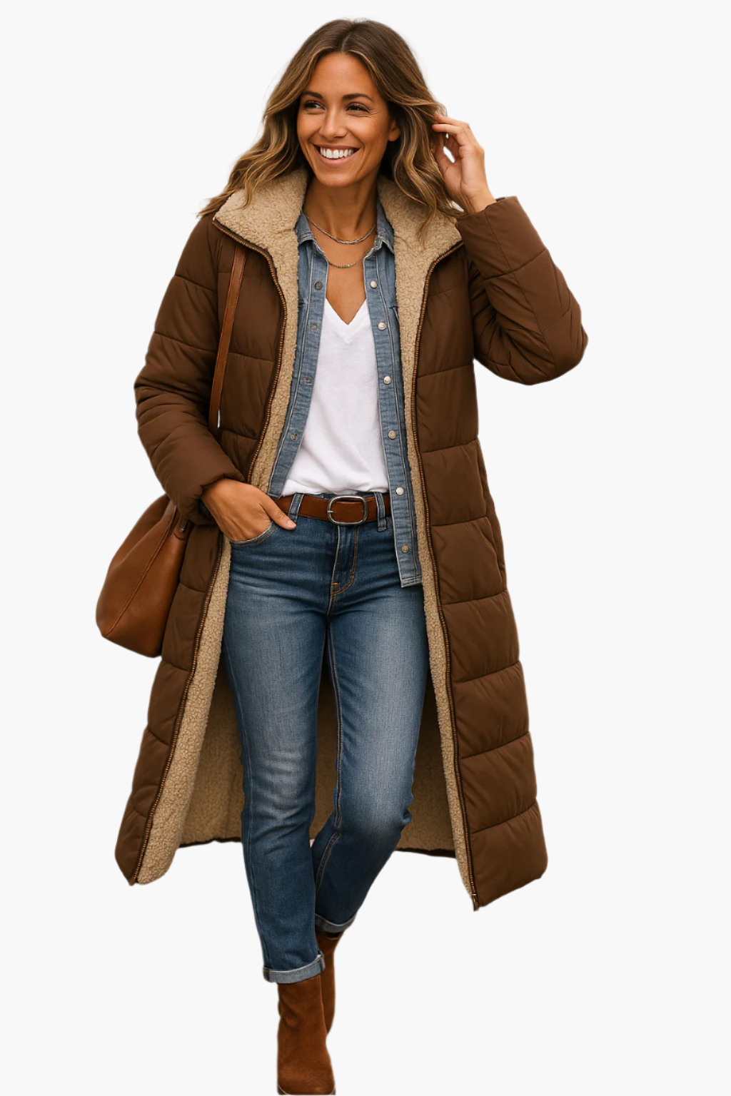 Sally - Women's Long Quilted Winter Coat with Teddy Hood