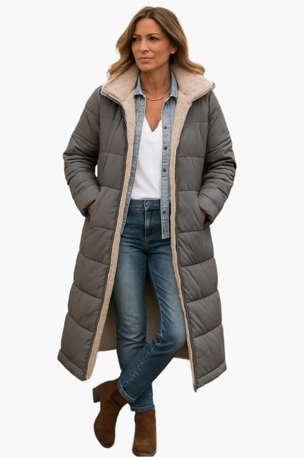 Sally - Women's Long Quilted Winter Coat with Teddy Hood